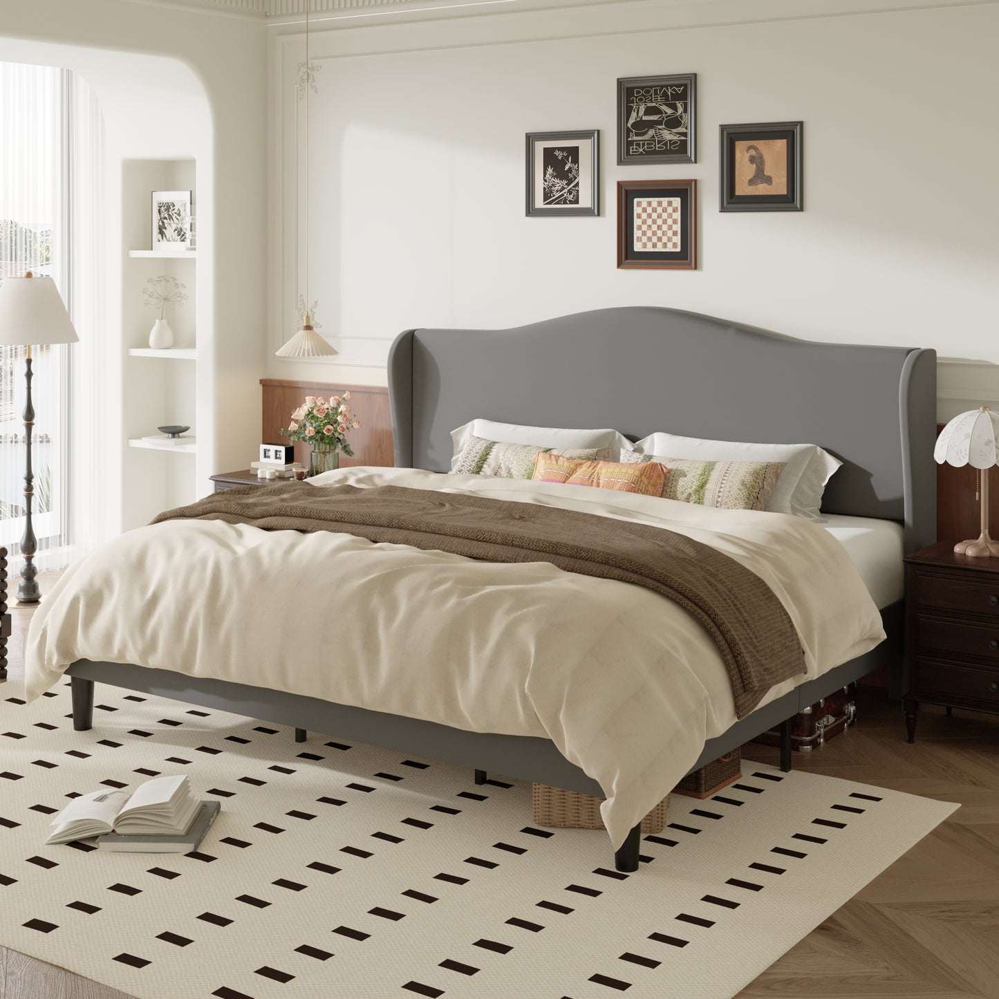 Amolife Bed Frame with Velvet Upholstered Wingback Headboard, Personalized Platform Bed, No Box Spring Required