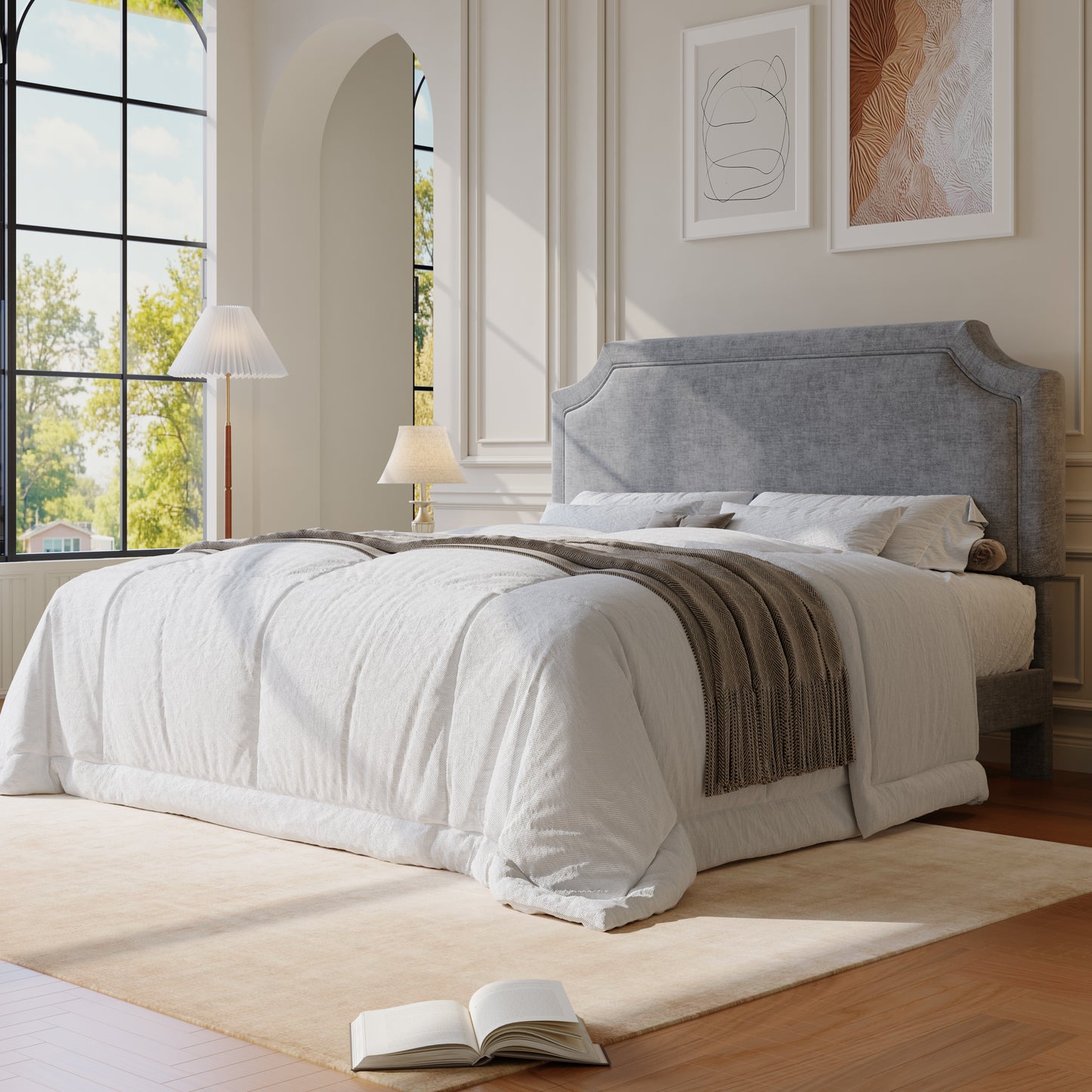Amolife Bed Frame, Upholstered Platform Bed with Streamlined Adjustable Headboard, No Box Spring Required