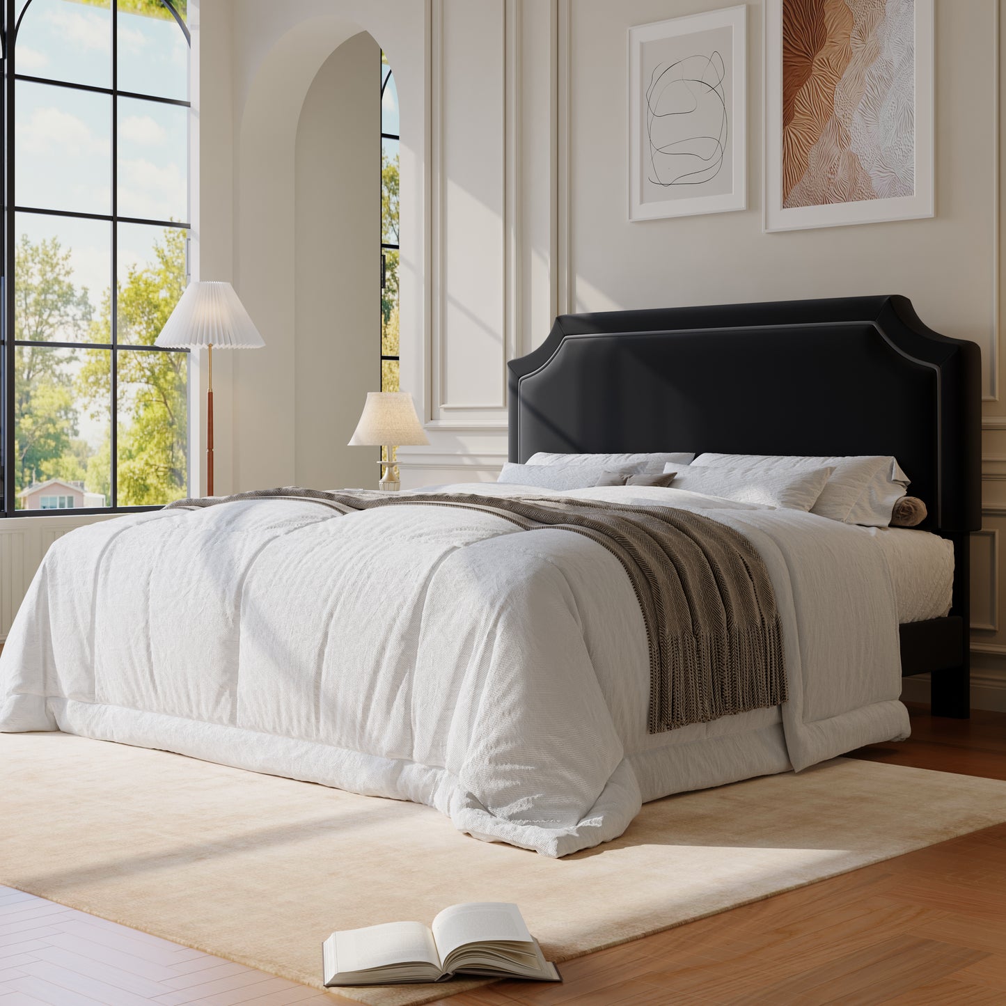 Amolife Bed Frame, Upholstered Platform Bed with Streamlined Adjustable Headboard, No Box Spring Required