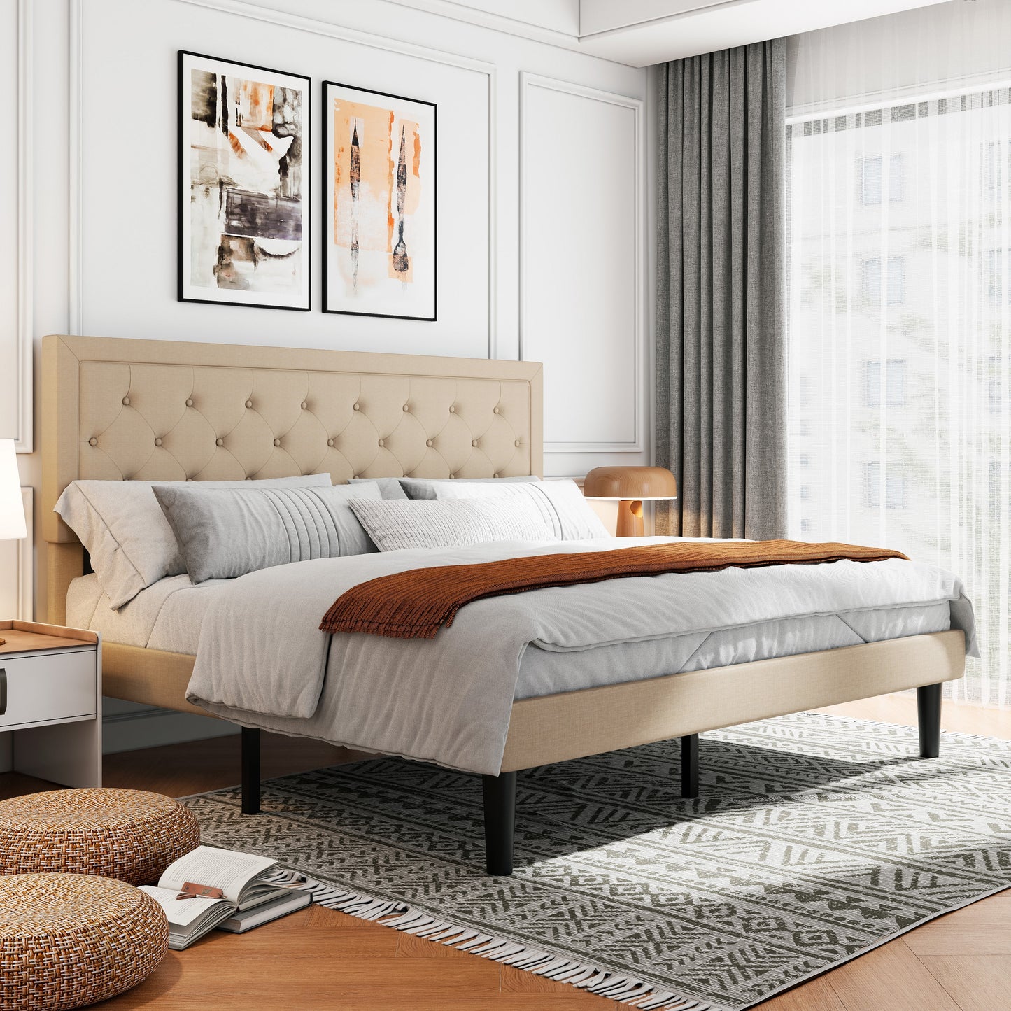 Amolife Fabric Upholstered Platform Bed Frame with Button Tufted Headboard