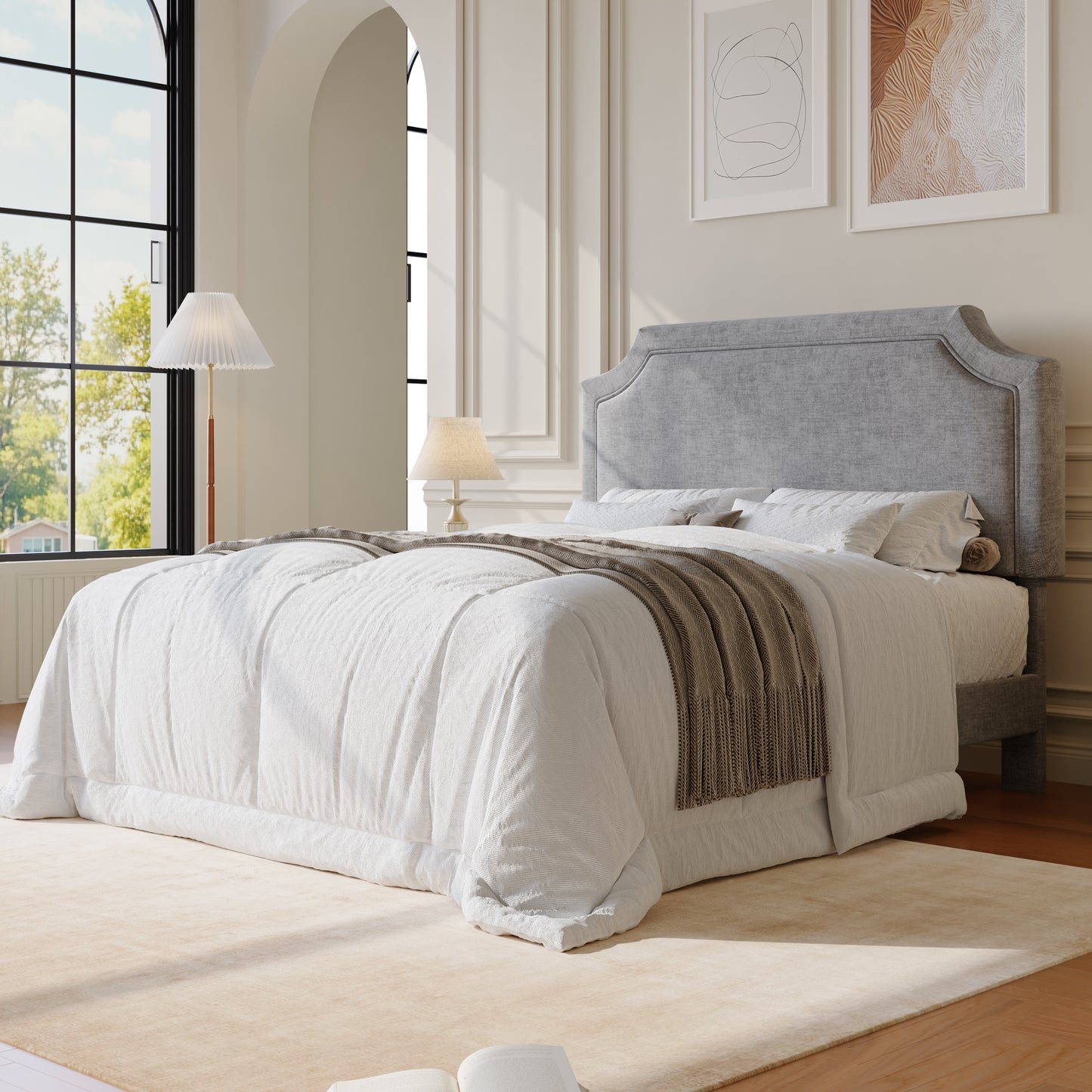 Amolife Bed Frame, Upholstered Platform Bed with Streamlined Adjustable Headboard, No Box Spring Required