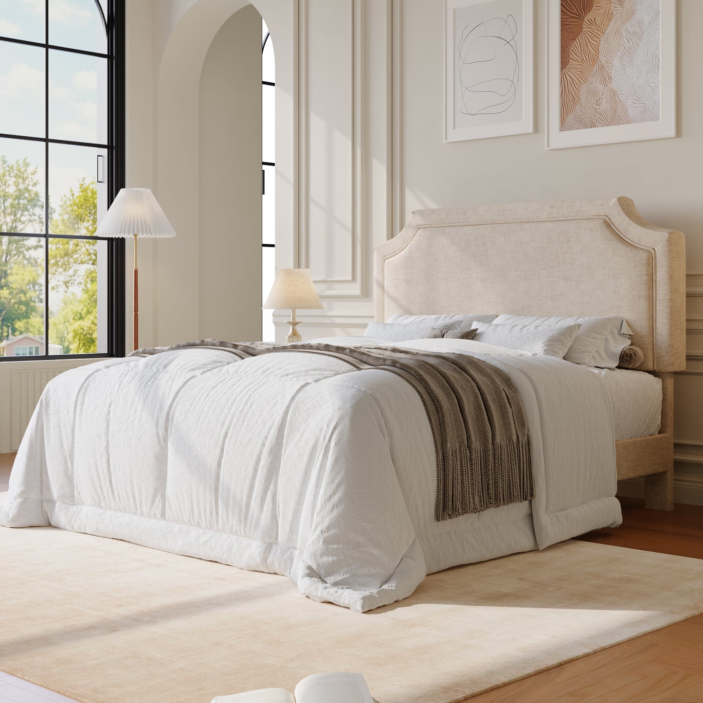 Amolife Bed Frame, Upholstered Platform Bed with Streamlined Adjustable Headboard, No Box Spring Required