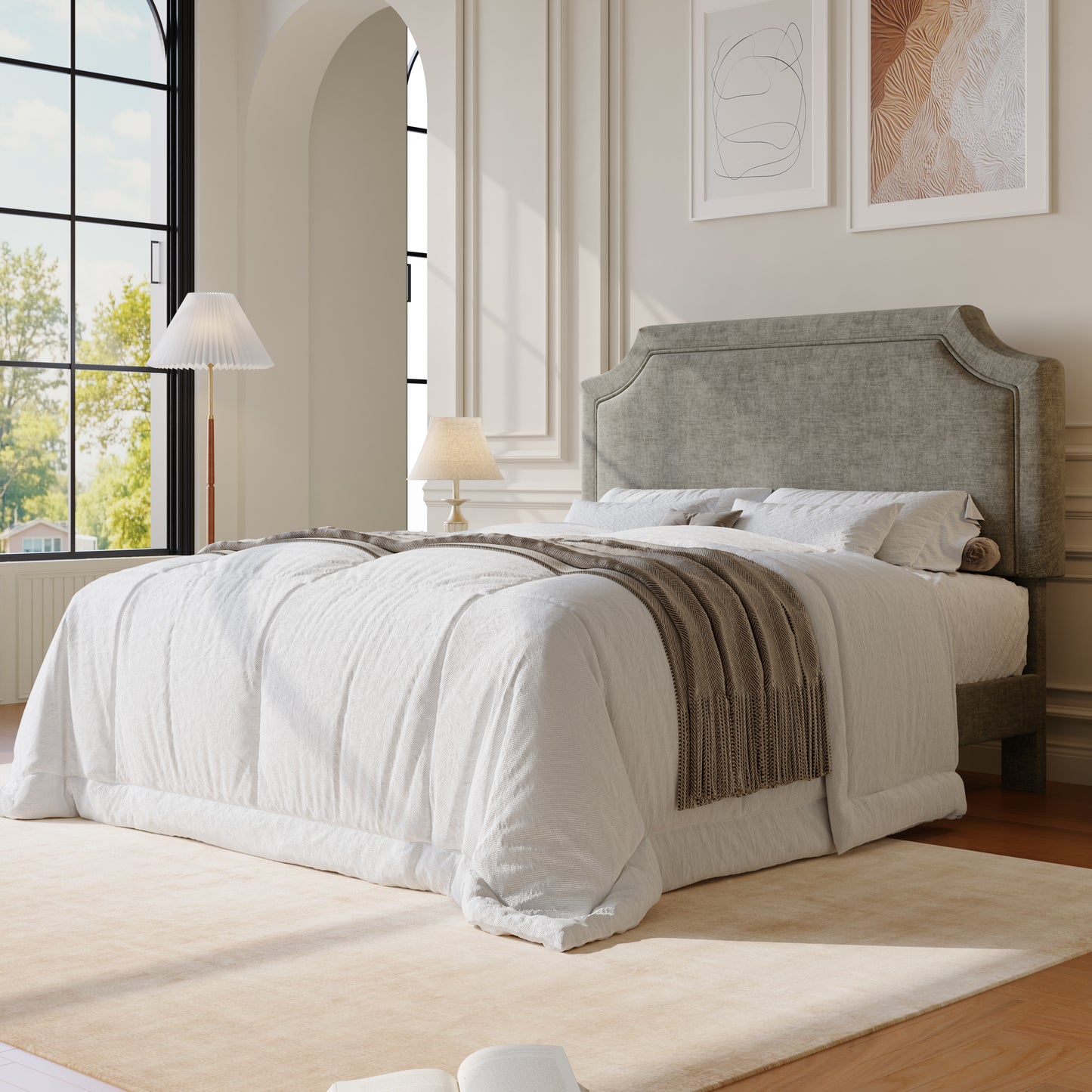Amolife Bed Frame, Upholstered Platform Bed with Streamlined Adjustable Headboard, No Box Spring Required