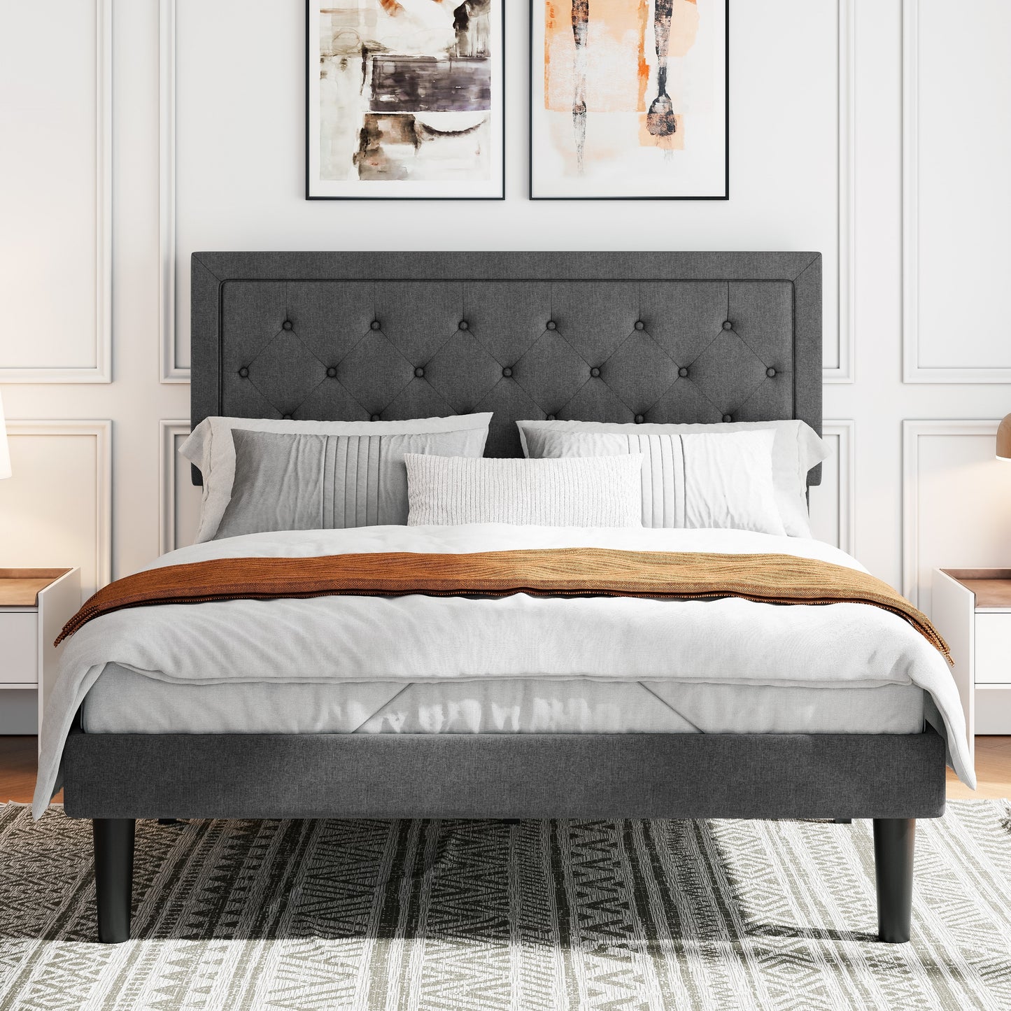 Amolife Fabric Upholstered Platform Bed Frame with Button Tufted Headboard
