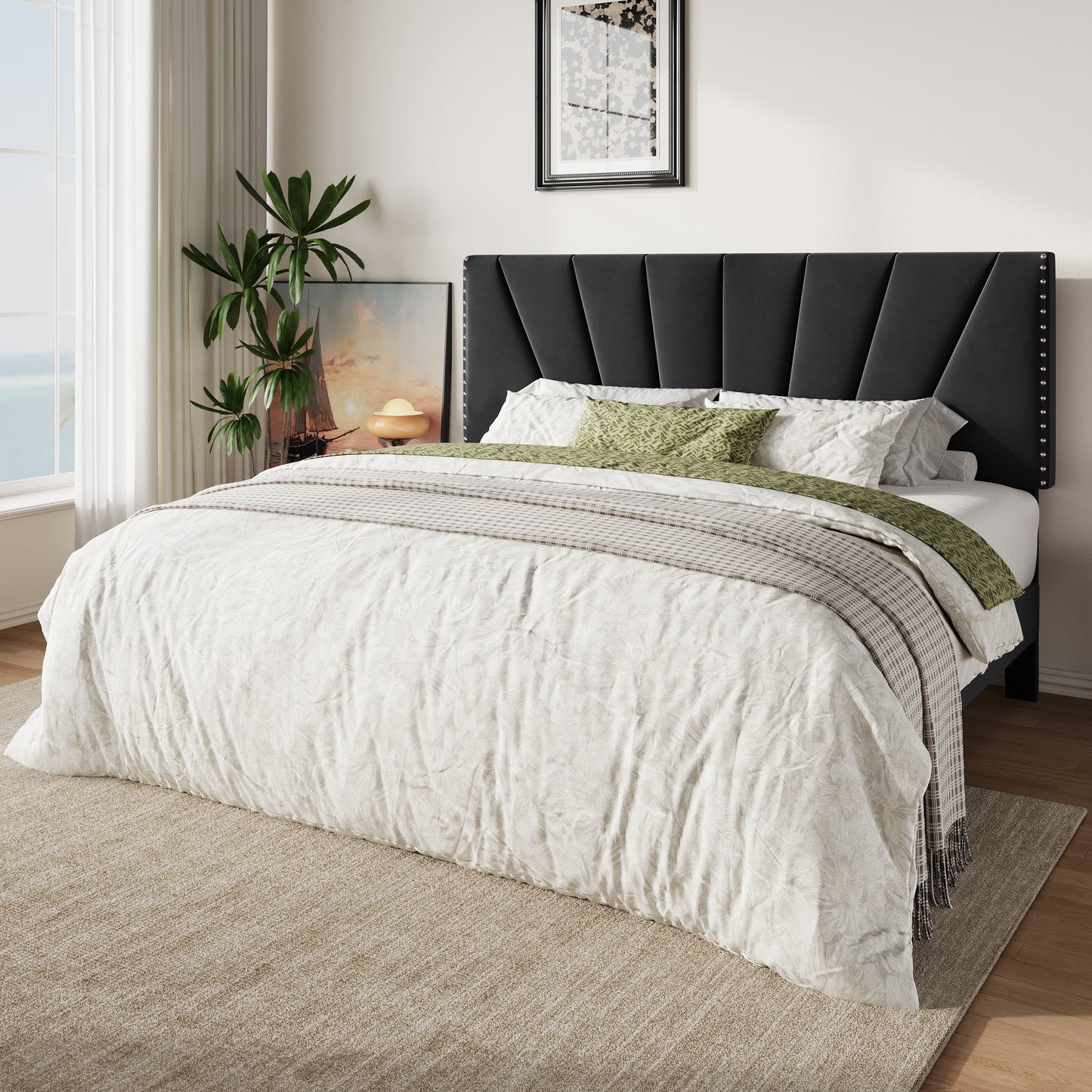 Amolife Platform Bed Frame with Adjustable Velvet Upholstered Headboard