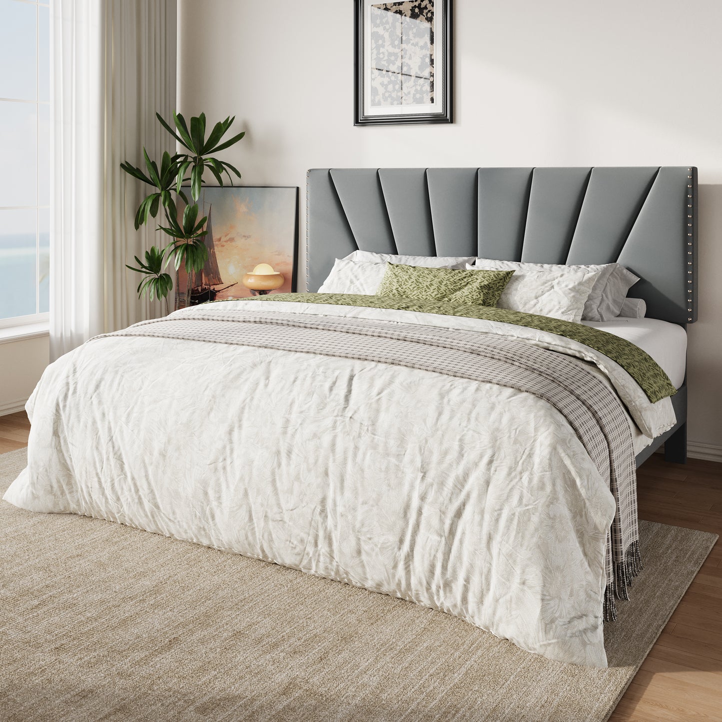 Amolife Platform Bed Frame with Adjustable Velvet Upholstered Headboard