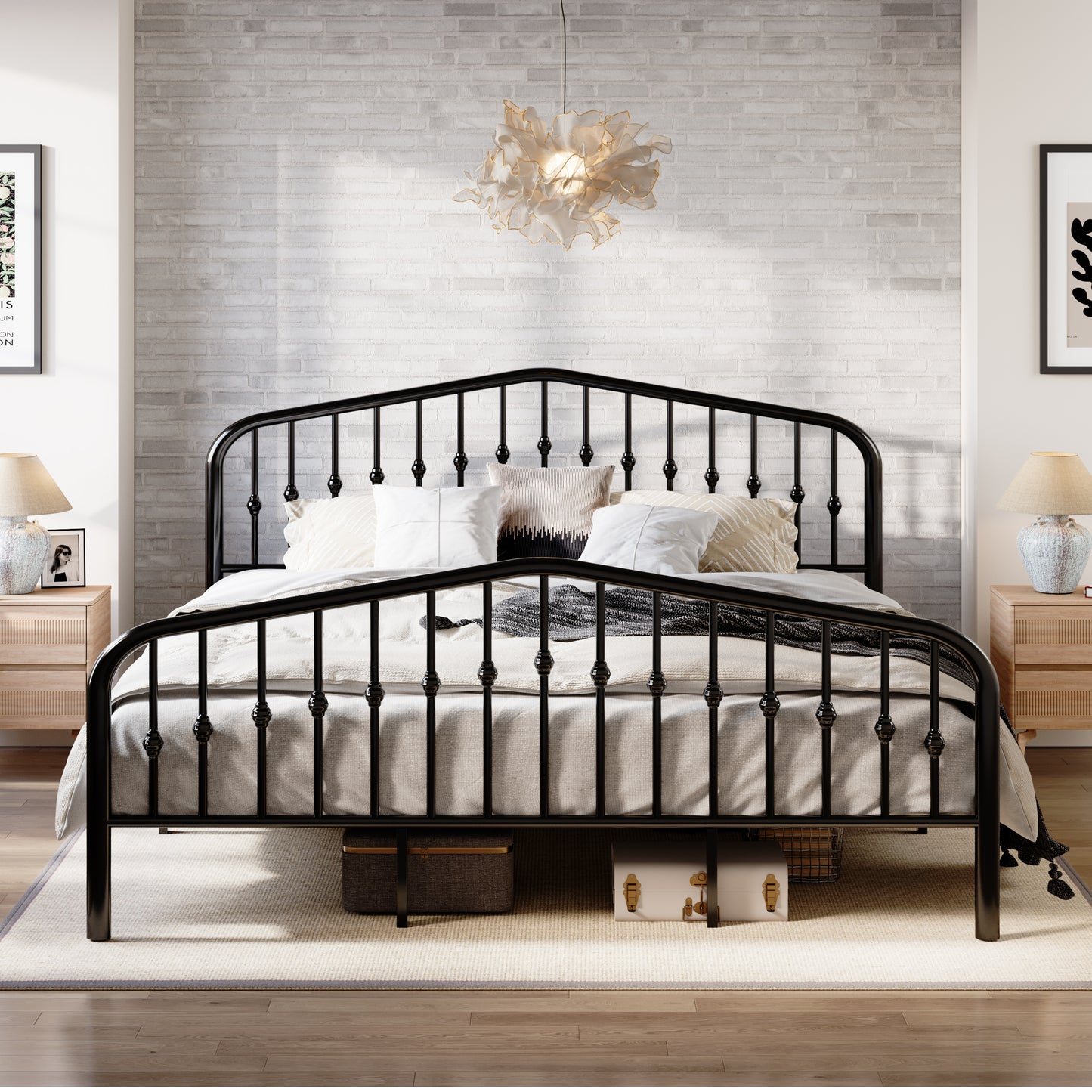 Queen Size Metal Bed Frame with Delicate Headboard and Footboard, Black
