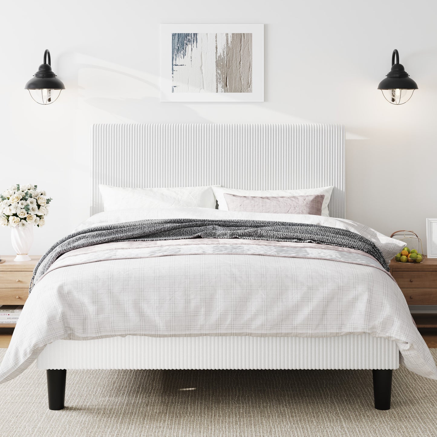 Amolife Platform Bed Frame with Corduroy Fabric Upholstered Adjustable Height Headboard