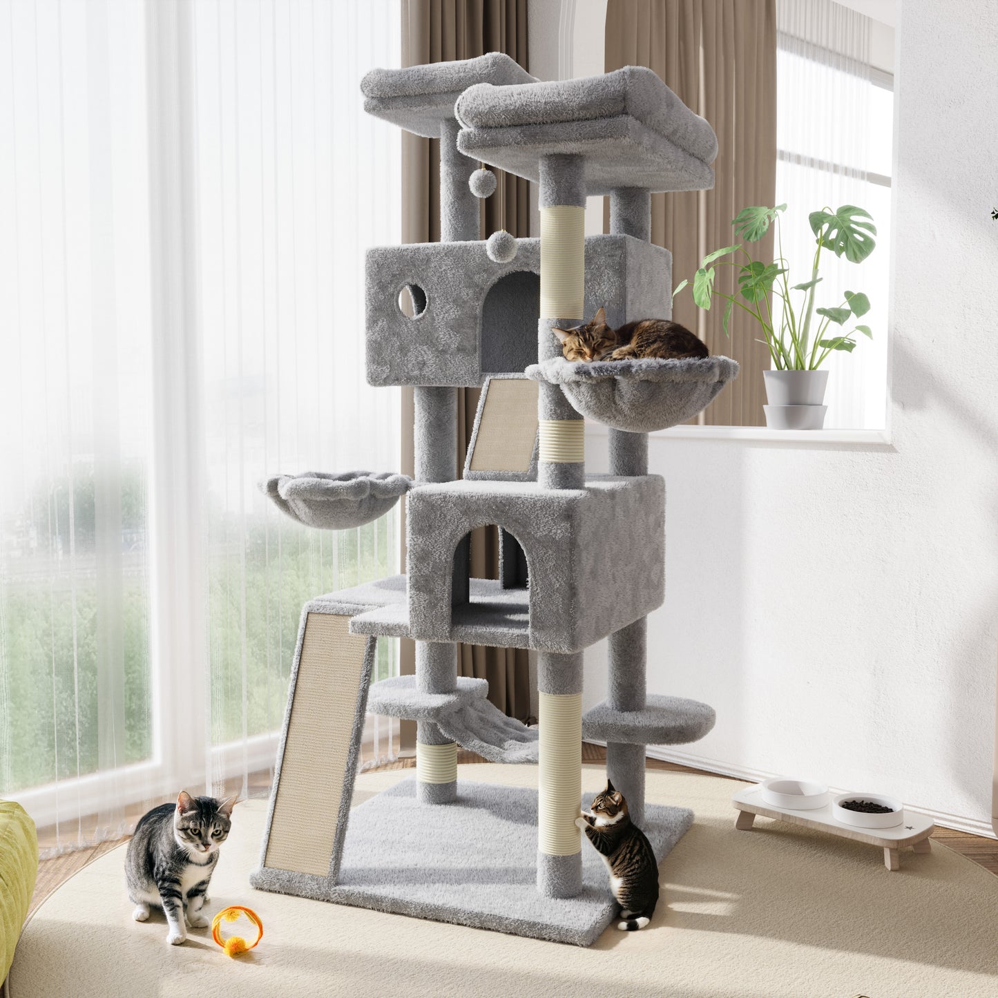 Amolife 65.7" Cat Tree Tower Condo for Large Cats with Hammock, Scratching Post & Basket