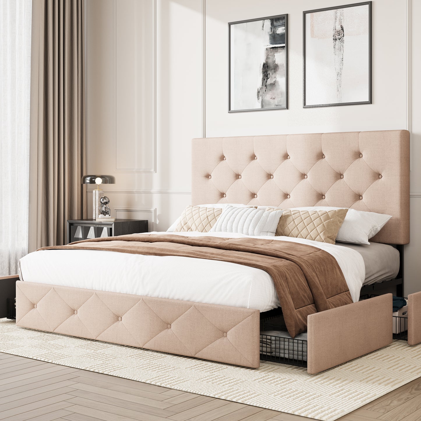 Upholstered Bed Frame with 4 Drawers Storage and Headboard