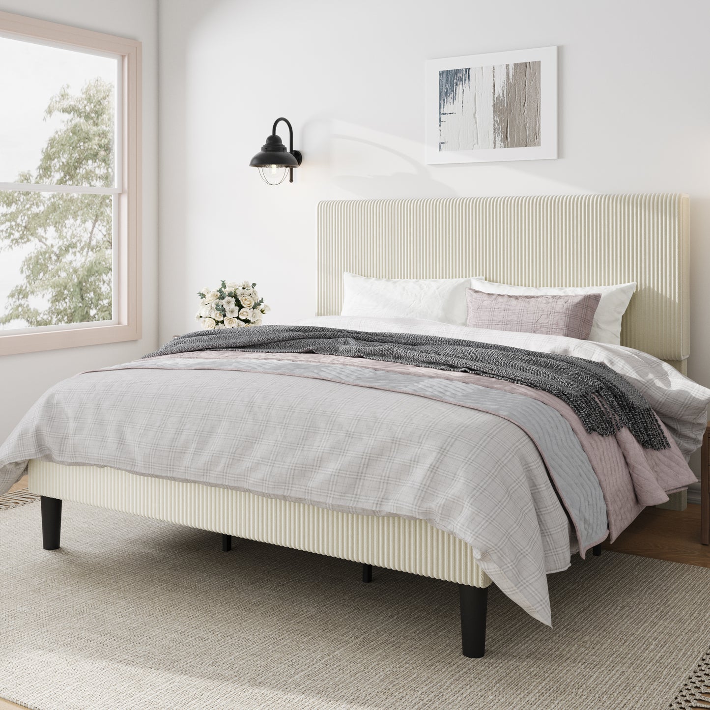 Amolife Platform Bed Frame with Corduroy Fabric Upholstered Adjustable Height Headboard