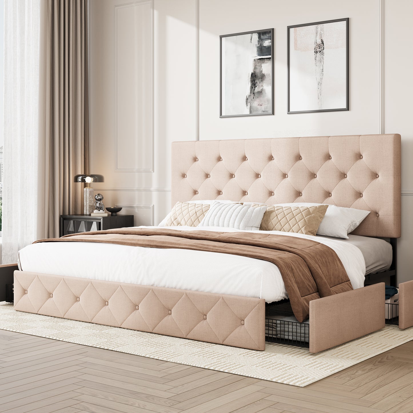 Upholstered Bed Frame with 4 Drawers Storage and Headboard
