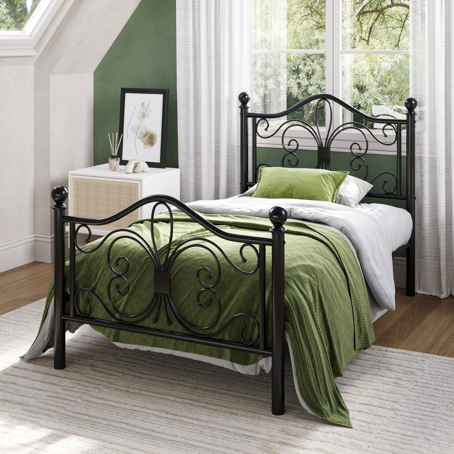 Amolife Metal Platform Bed Frame With Vintage Butterfly Pattern Headboard&Footboard