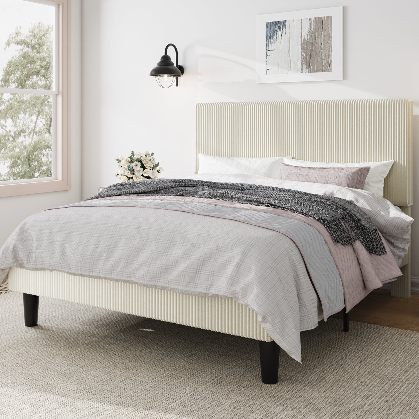 Amolife Platform Bed Frame with Corduroy Fabric Upholstered Adjustable Height Headboard