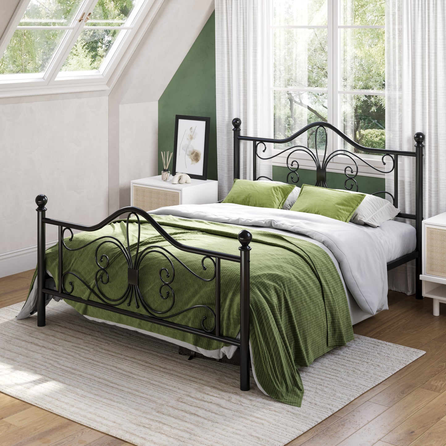 Amolife Metal Platform Bed Frame With Vintage Butterfly Pattern Headboard&Footboard