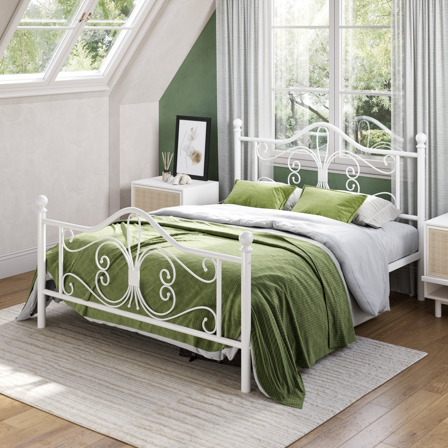Amolife Metal Platform Bed Frame With Vintage Butterfly Pattern Headboard&Footboard