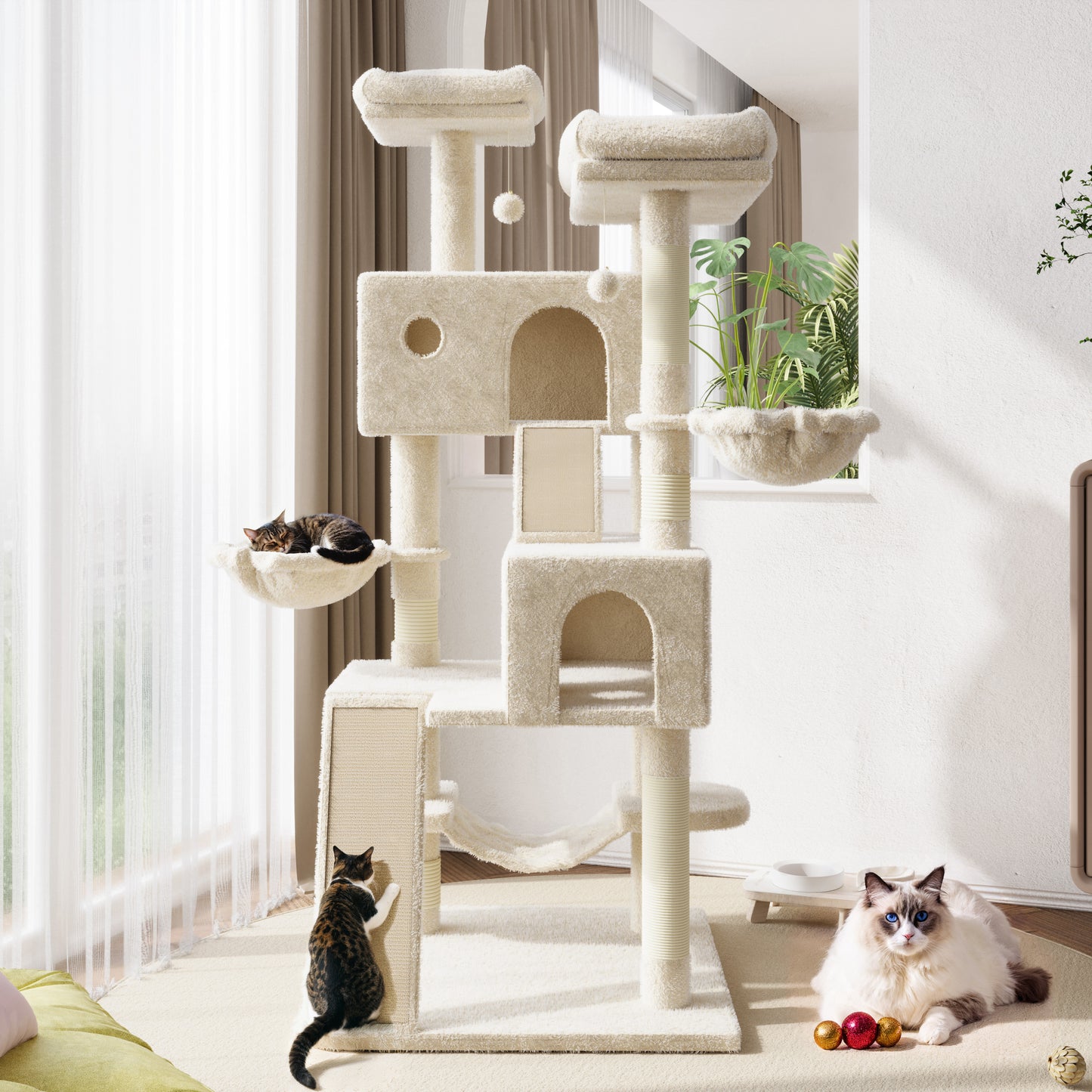 Amolife 65.7" Cat Tree Tower Condo for Large Cats with Hammock, Scratching Post & Basket