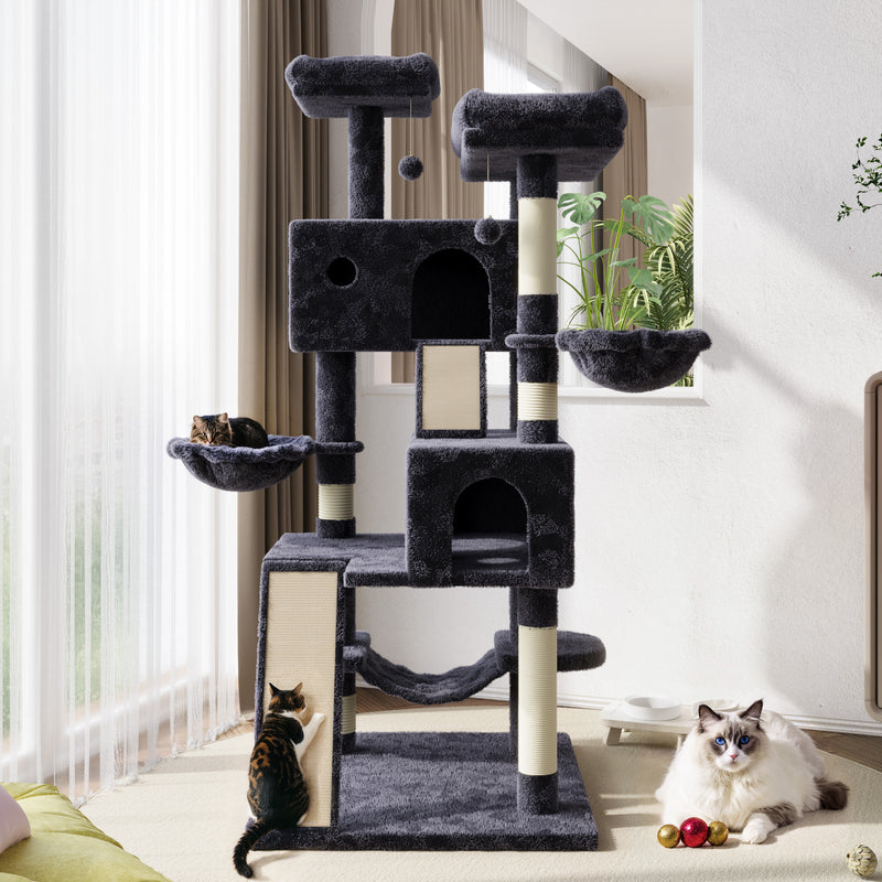 Amolife 65.7" Cat Tree Tower Condo for Large Cats with Hammock, Scratching Post & Basket