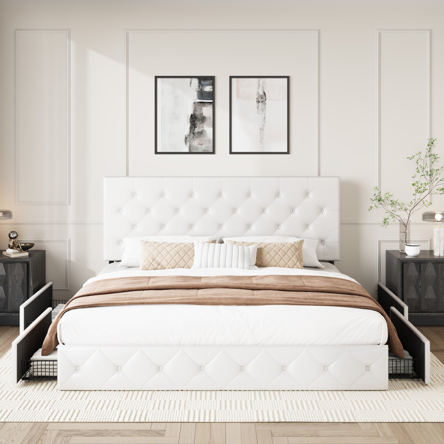 Amolife Faux Leather Platform Bed Frame with 4 Storage Drawers, Button Tufted Style Hedboard