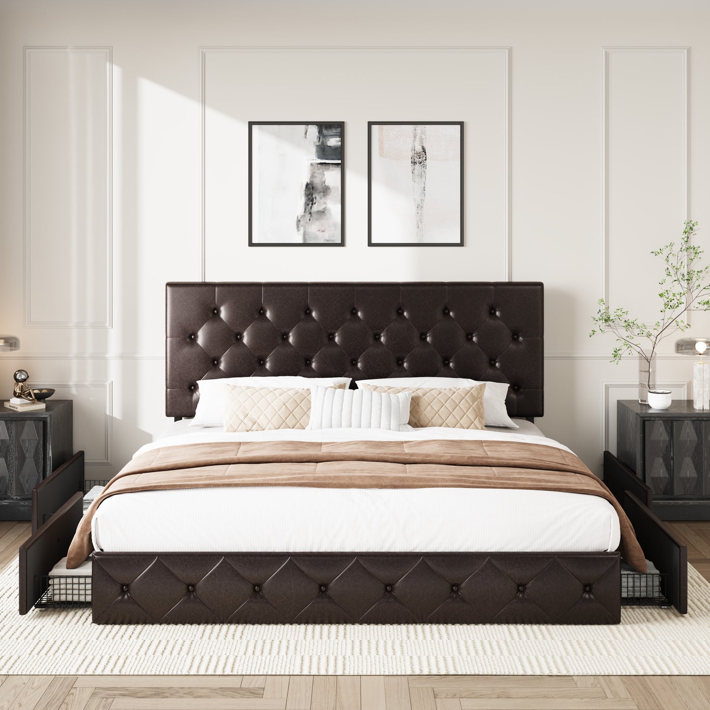 Amolife Faux Leather Platform Bed Frame with 4 Storage Drawers, Button Tufted Style Hedboard