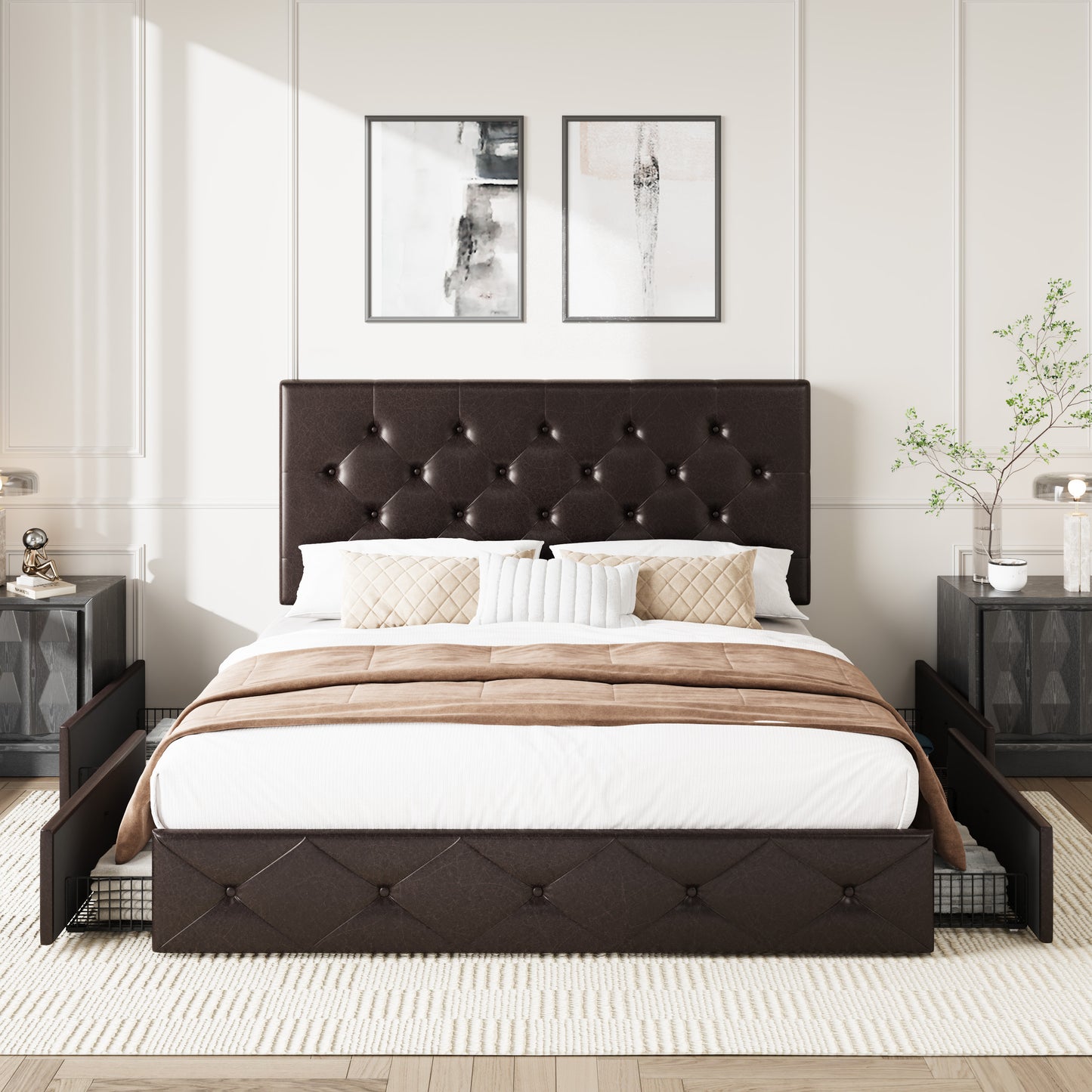 Amolife Faux Leather Platform Bed Frame with 4 Storage Drawers, Button Tufted Style Hedboard