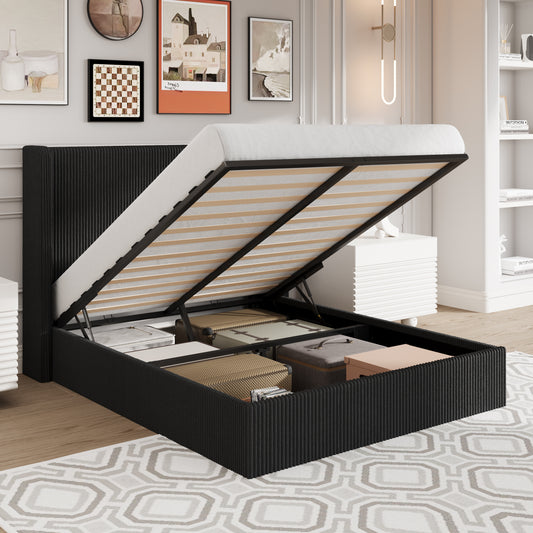 Amolife Hydraulic Lift Storage Bed Frame with Velvet Wingback Headboard, Corduroy Upholstery