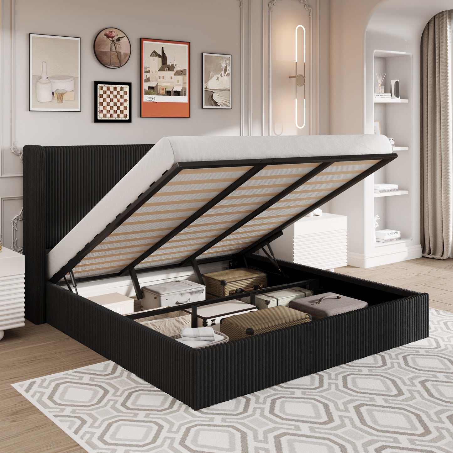 Amolife Hydraulic Lift Storage Bed Frame with Velvet Wingback Headboard, Corduroy Upholstery