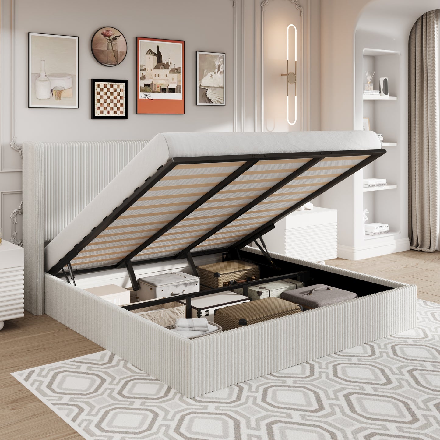 Amolife Hydraulic Lift Storage Bed Frame with Velvet Wingback Headboard, Corduroy Upholstery