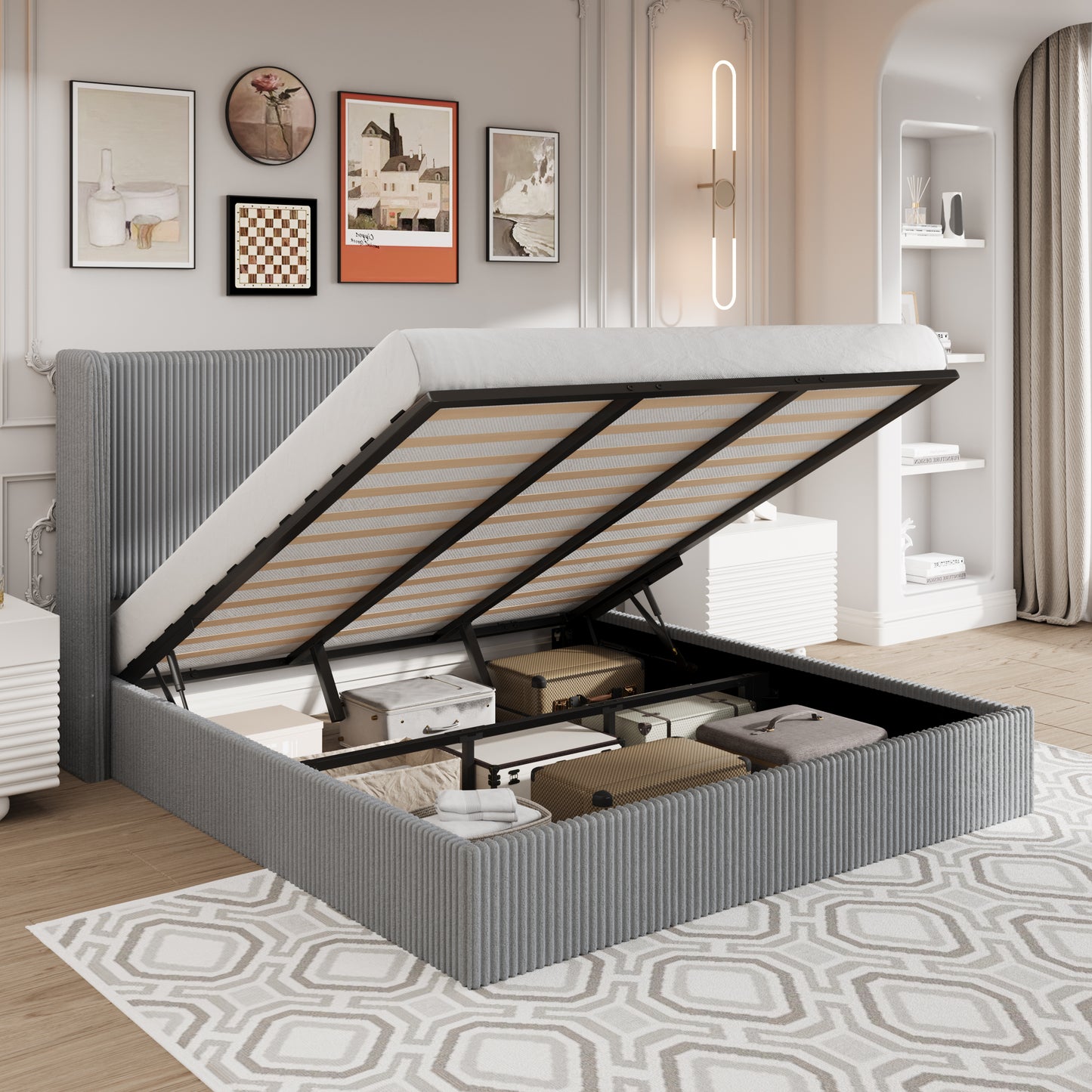 Amolife Hydraulic Lift Storage Bed Frame with Velvet Wingback Headboard, Corduroy Upholstery