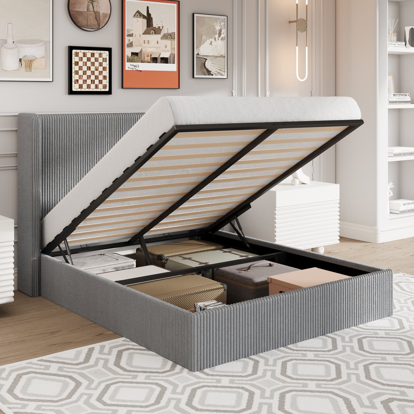 Amolife Hydraulic Lift Storage Bed Frame with Velvet Wingback Headboard, Corduroy Upholstery