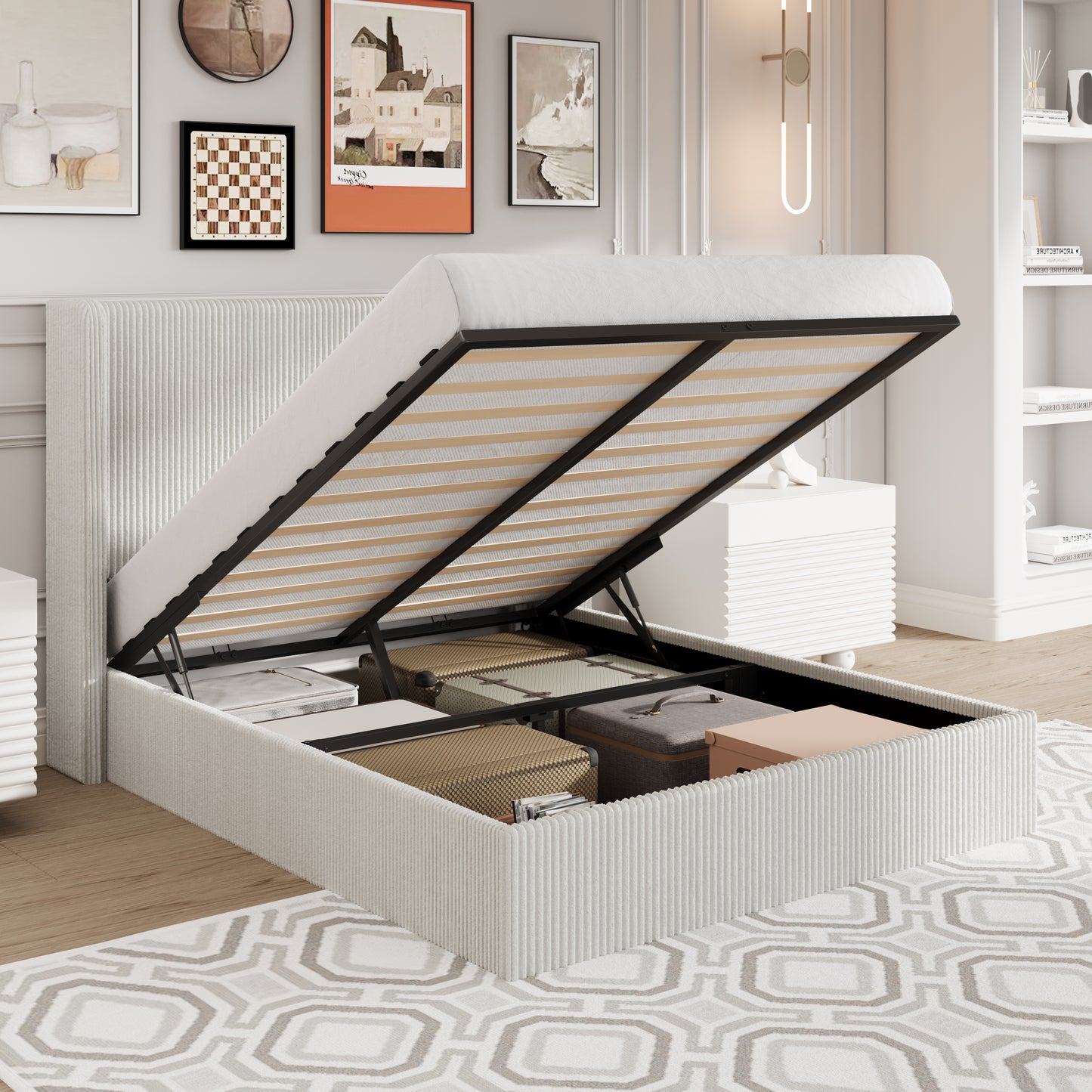 Amolife Hydraulic Lift Storage Bed Frame with Velvet Wingback Headboard, Corduroy Upholstery