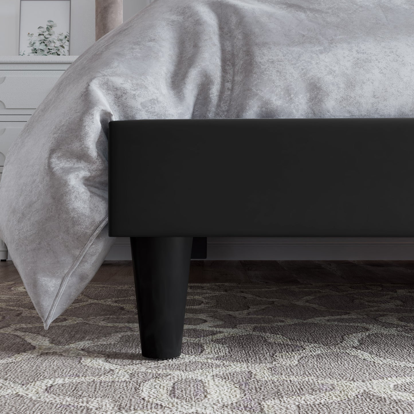 Queen Bed Frame with Adjustable Velvet-Studded Headboard, Black