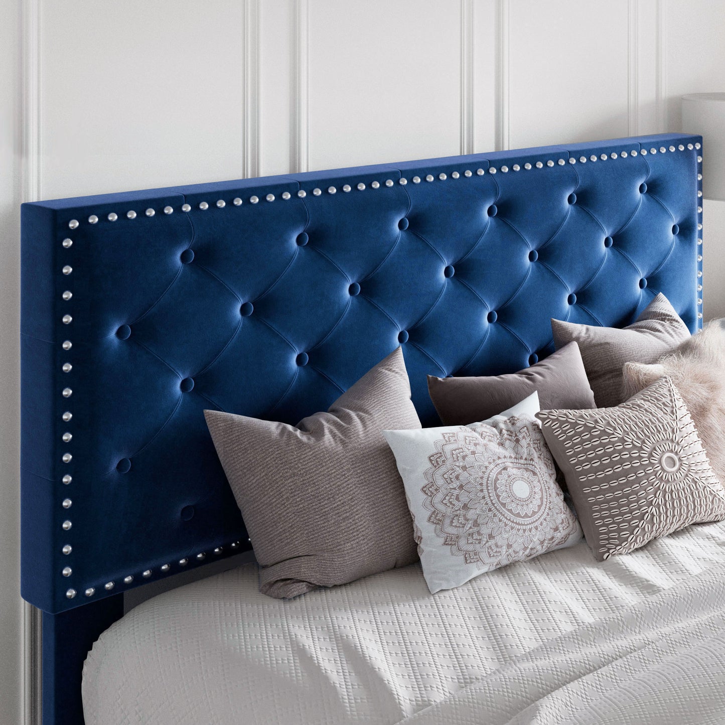 Queen Bed Frame with Adjustable Velvet-Studded Headboard, Black
