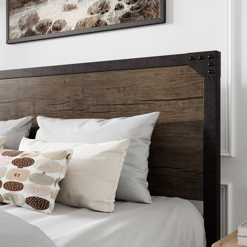 Amolife Metal Platform Bed Frame with Industrial Wooden Rivet Headboard