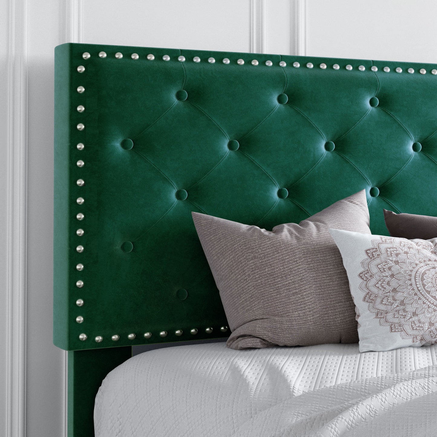 Queen Bed Frame with Adjustable Velvet-Studded Headboard, Black