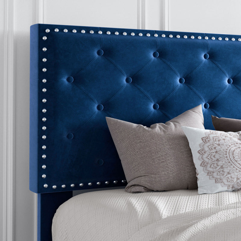 Queen Bed Frame with Adjustable Velvet-Studded Headboard, Black