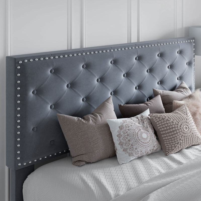 Queen Bed Frame with Adjustable Velvet-Studded Headboard, Black