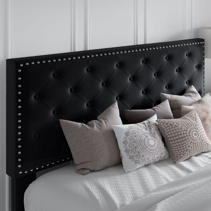 Queen Bed Frame with Adjustable Velvet-Studded Headboard, Black