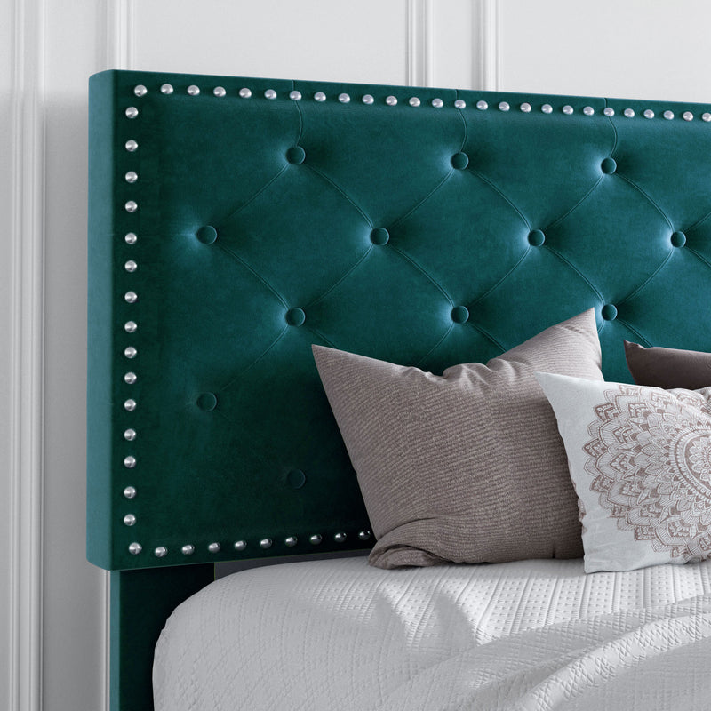 Queen Bed Frame with Adjustable Velvet-Studded Headboard, Black