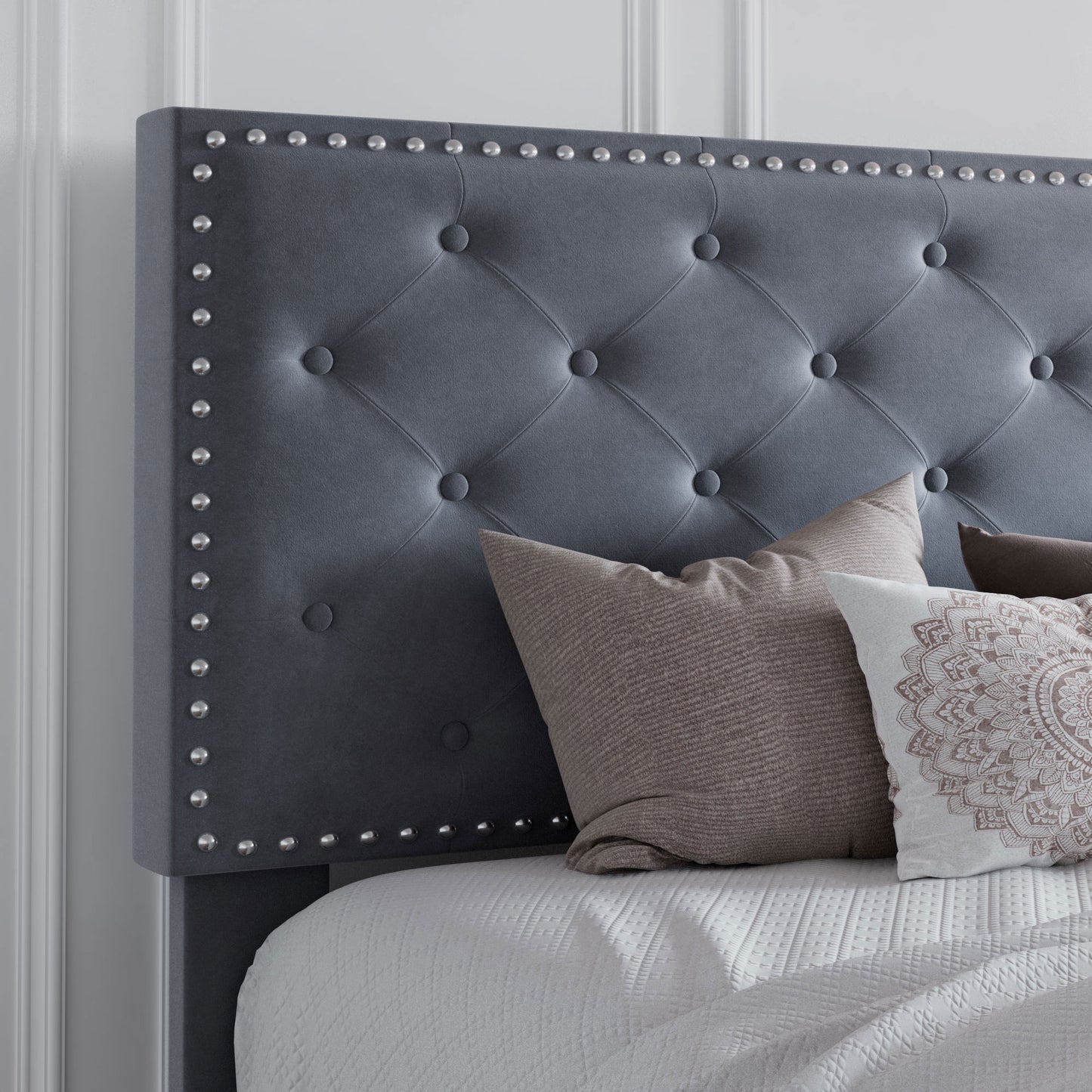 Queen Bed Frame with Adjustable Velvet-Studded Headboard, Black