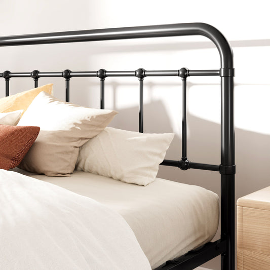 Queen Size Platform Bed Frame With Vintage Headboard and Footboard, Black