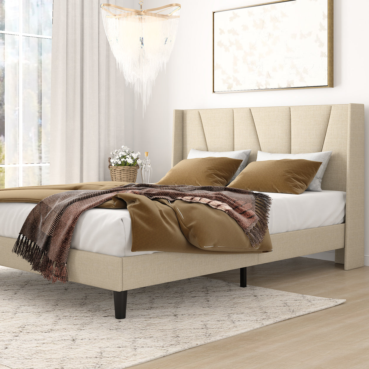 Amolife Full Bed Frame,Upholstered Platform Bed with Wingback and Geometric Headboard