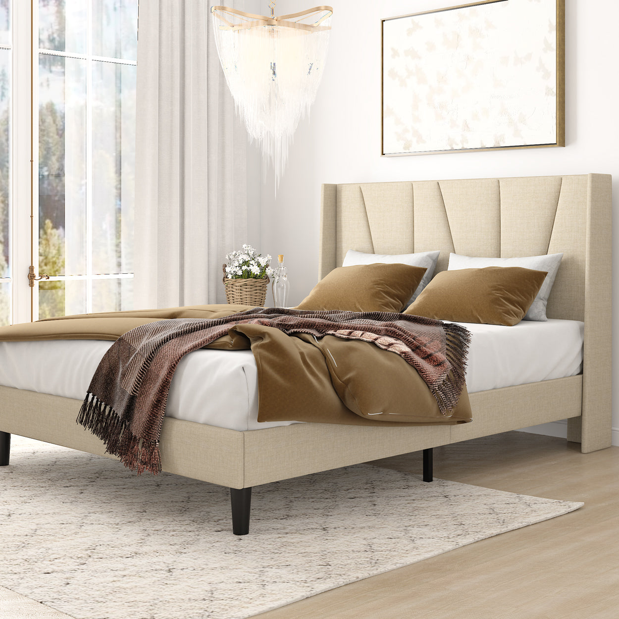 Amolife Full Bed Frame,Upholstered Platform Bed with Wingback and Geometric Headboard