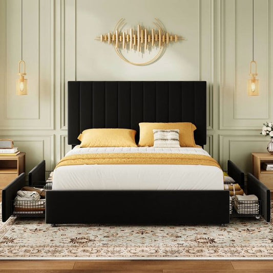 Amolife Bed Frame with Adjustable Velvet-wrapped Headboard and 4 Storage Drawers