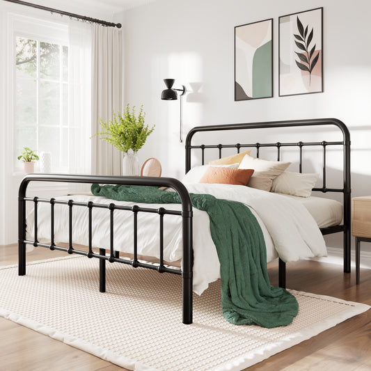 Queen Size Platform Bed Frame With Vintage Headboard and Footboard, Black