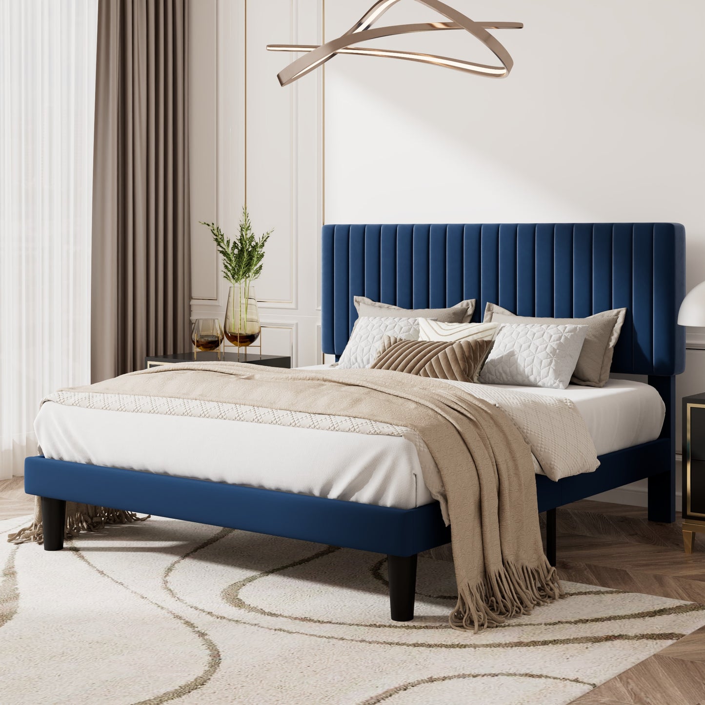 Upholstered Platform Bed Frame with Vertical Channel Tufted Velvet Headboard