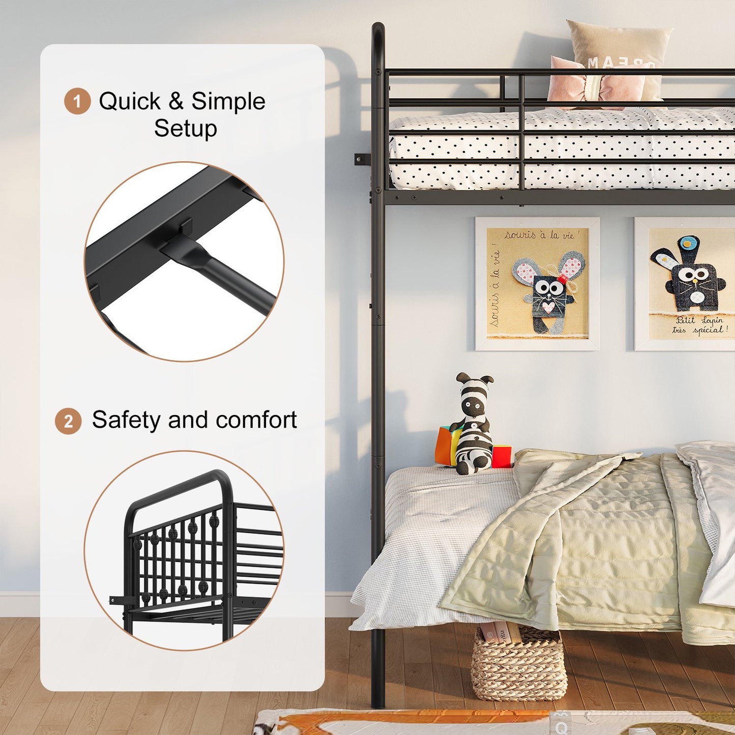 Amolife Twin over Twin Size Metal Bunk Bed with Removable Ladder, Used as Bunk Bed or Two Twin Beds, Full-Length Guardrail