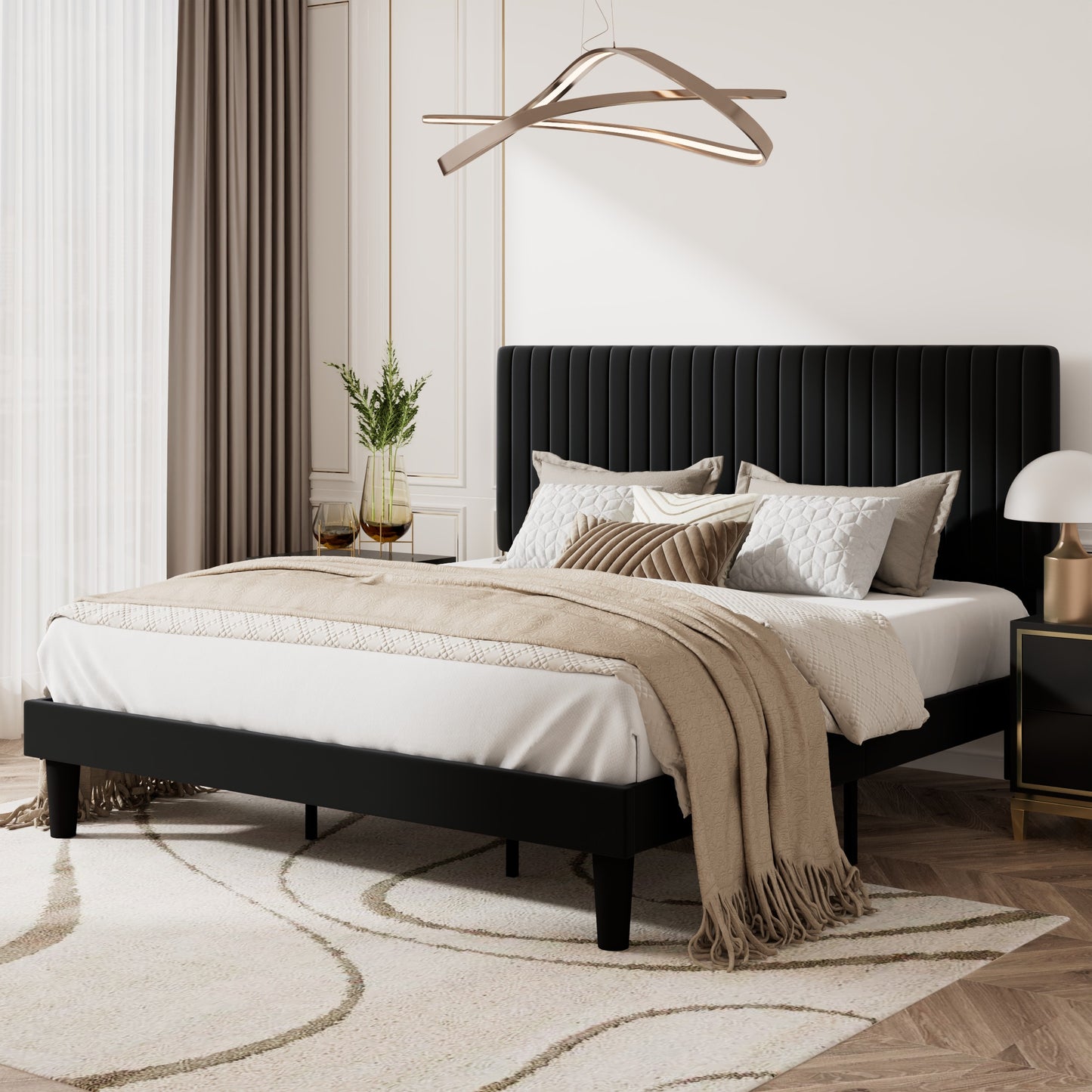 Upholstered Platform Bed Frame with Vertical Channel Tufted Velvet Headboard