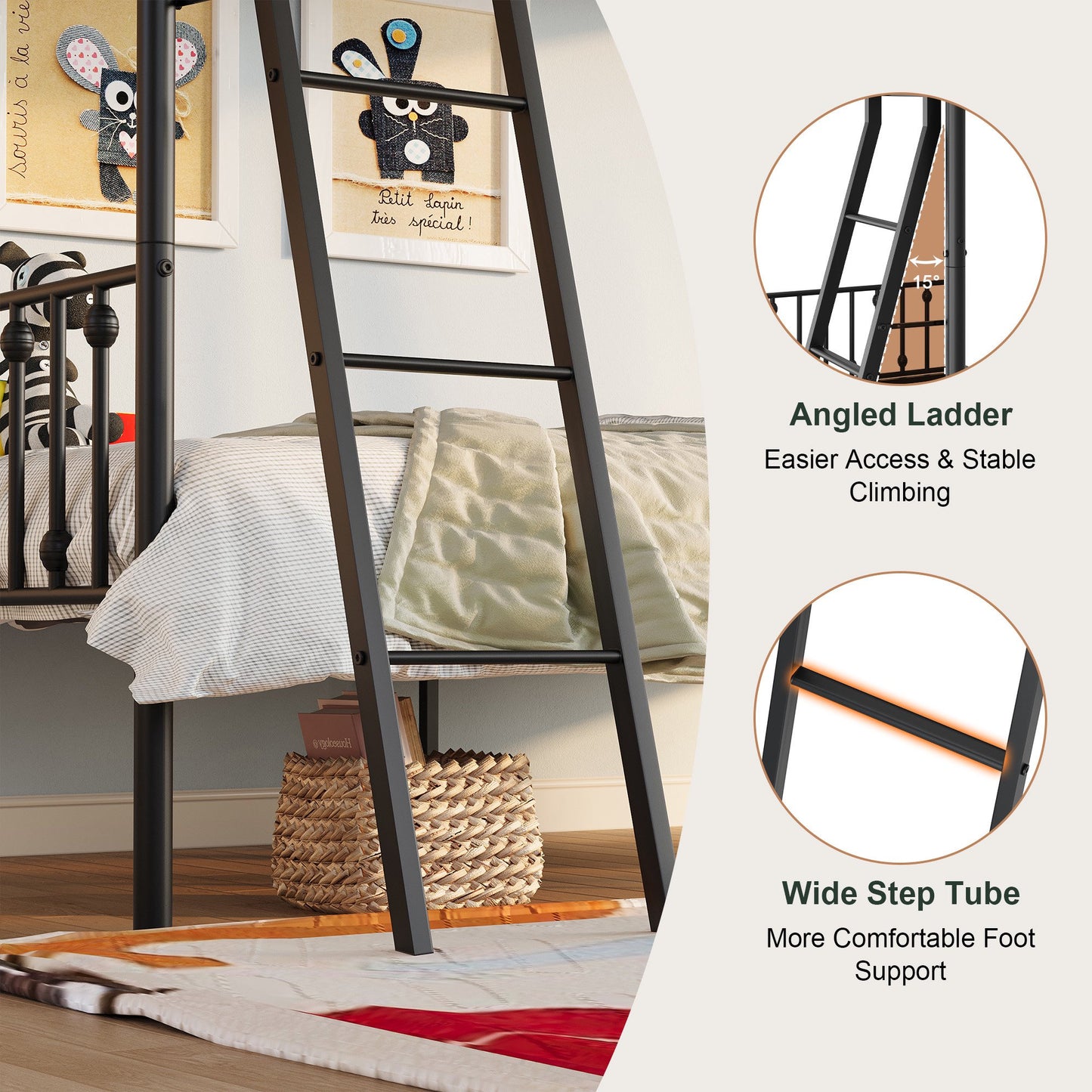 Amolife Twin over Twin Size Metal Bunk Bed with Removable Ladder, Used as Bunk Bed or Two Twin Beds, Full-Length Guardrail