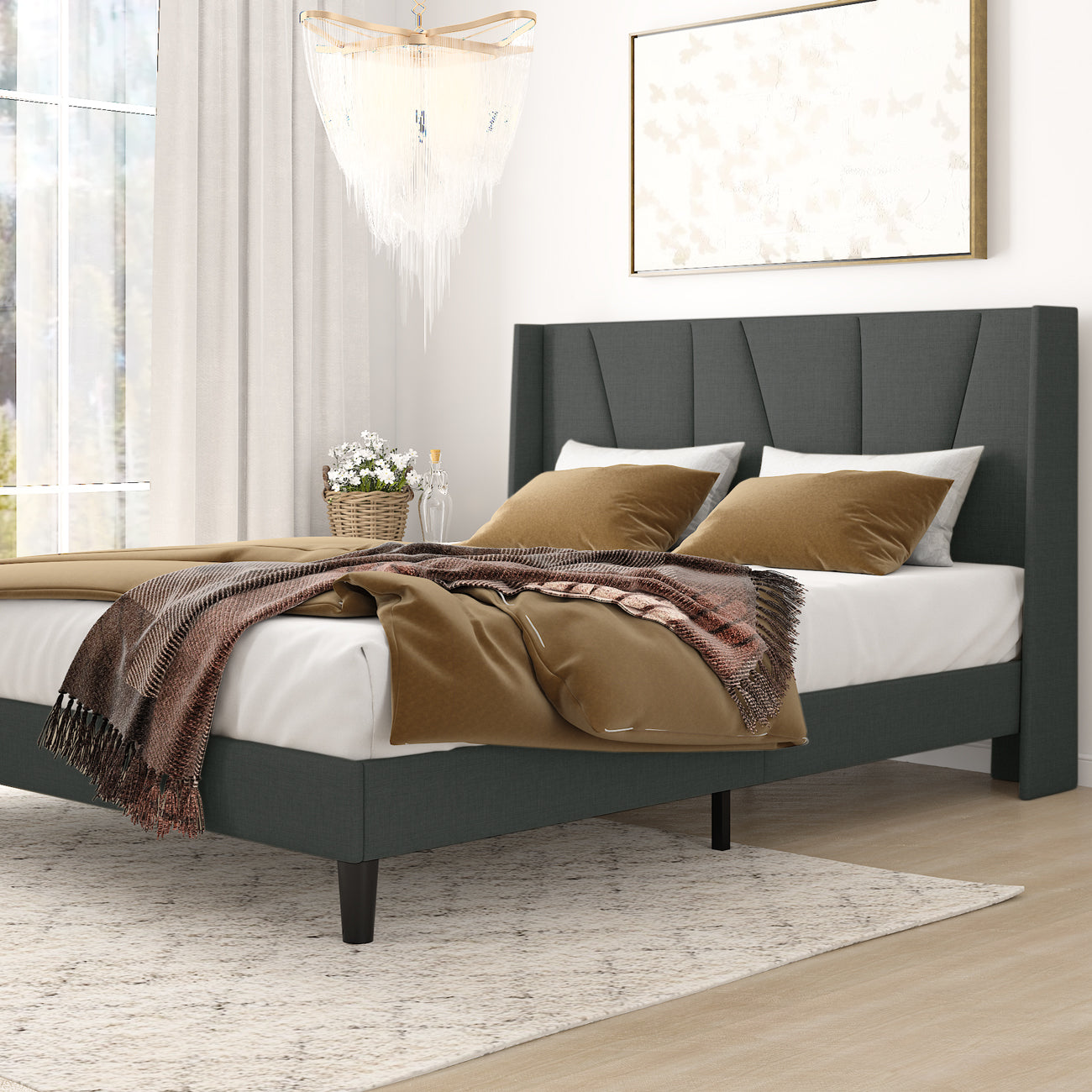 Amolife Full Bed Frame,Upholstered Platform Bed with Wingback and Geometric Headboard
